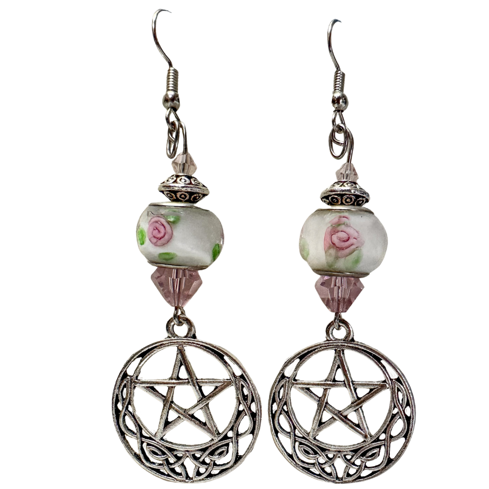Celtic Pentagram with Rose Beads Earrings