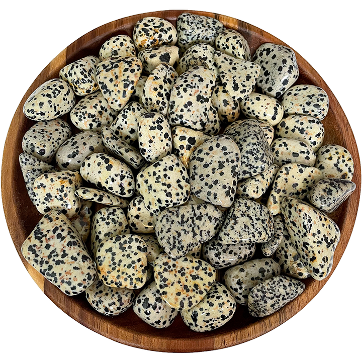 A collection of dalmatian jasper stones on a wood plate.