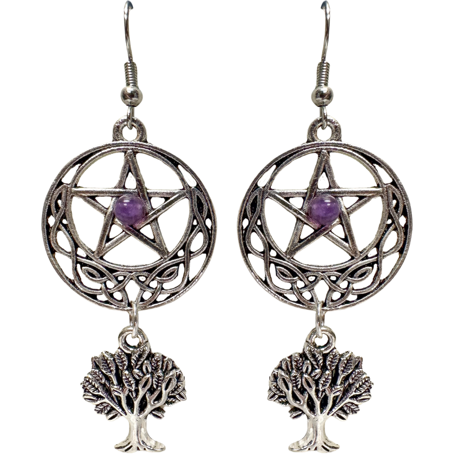 Amethyst Pentagram Tree of Life Earrings