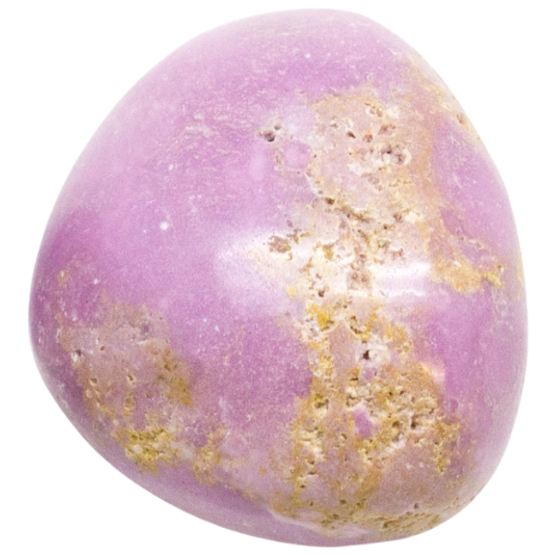 A single stone of tumbled phosphosiderite. The stone is pink-hued with golden ripples.